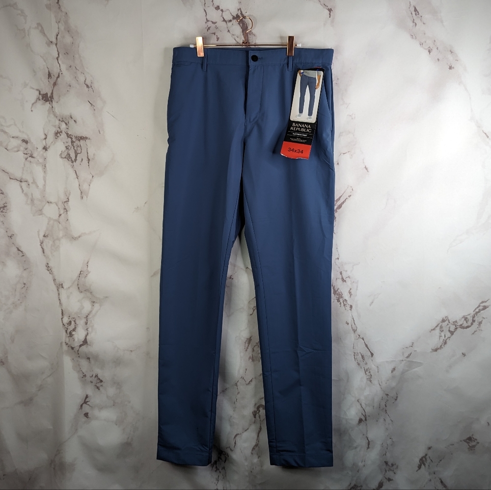 Banana Republic Traveler Pants Men 34 x 34 Blue Flat Front Slim Fit Mid Rise
